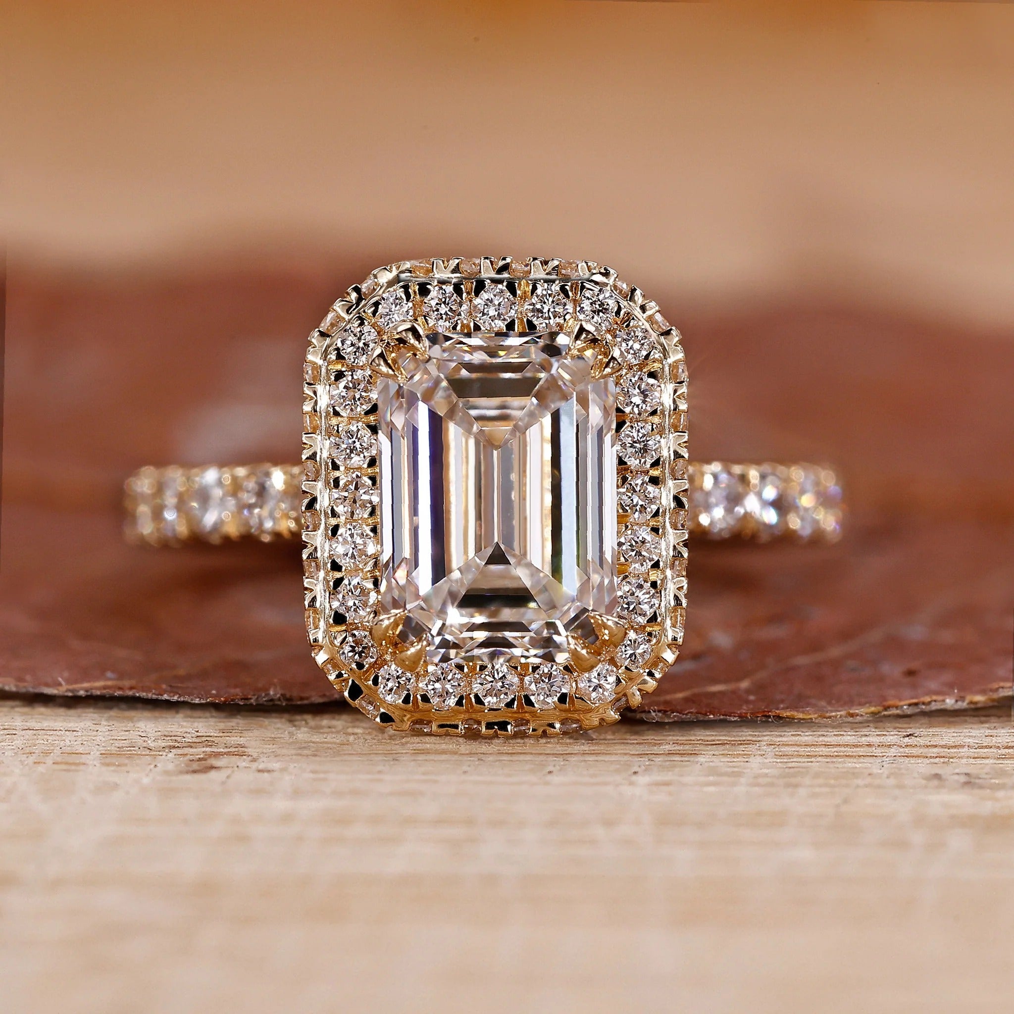 Emerald Cut Lab Grown White Color Diamond Halo Engagement Gold Ring Shree Diamond Mfg